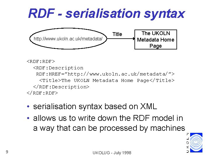 RDF - serialisation syntax http: //www. ukoln. ac. uk/metadata/ Title The UKOLN Metadata Home