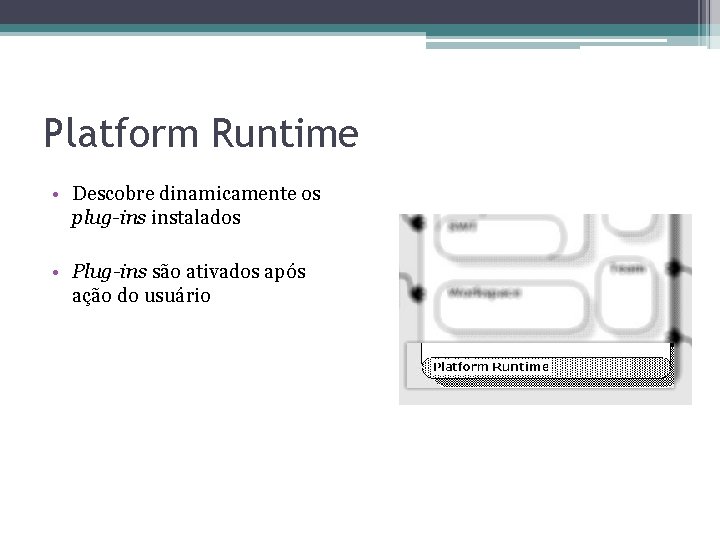 Platform Runtime • Descobre dinamicamente os plug-ins instalados • Plug-ins são ativados após ação