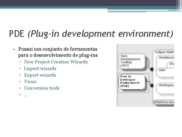 PDE (Plug-in development environment) • Possui um conjunto de ferramentas para o desenvolvimento de