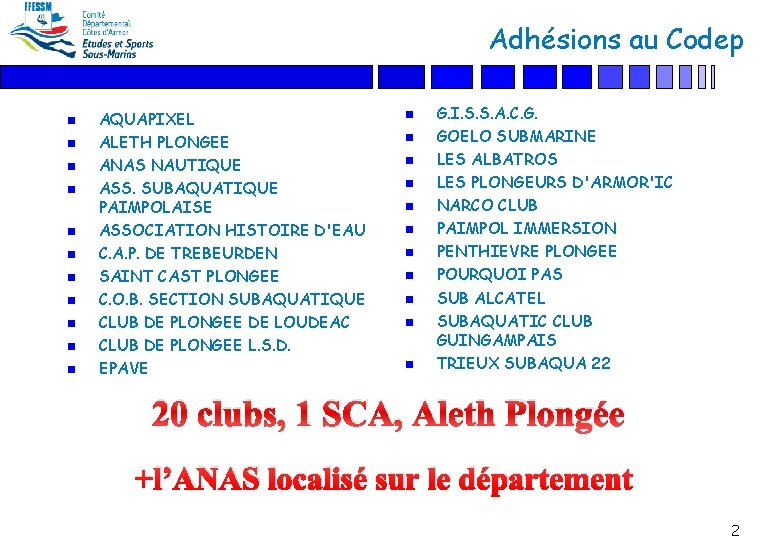 Adhésions au Codep n n n AQUAPIXEL ALETH PLONGEE ANAS NAUTIQUE ASS. SUBAQUATIQUE PAIMPOLAISE