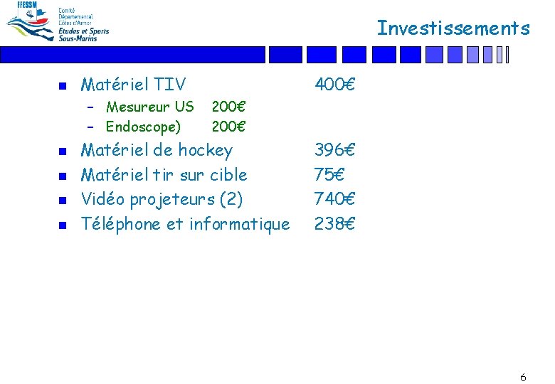 Investissements n Matériel TIV – Mesureur US – Endoscope) n n 400€ 200€ Matériel