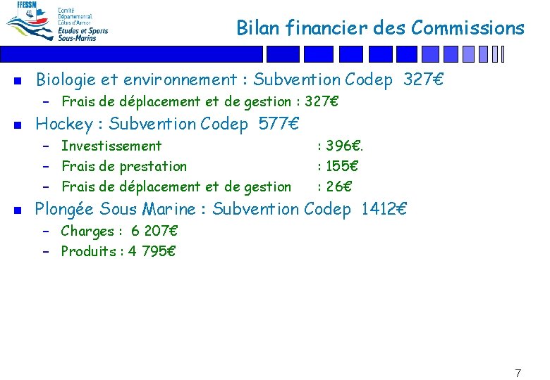 Bilan financier des Commissions n Biologie et environnement : Subvention Codep 327€ – Frais