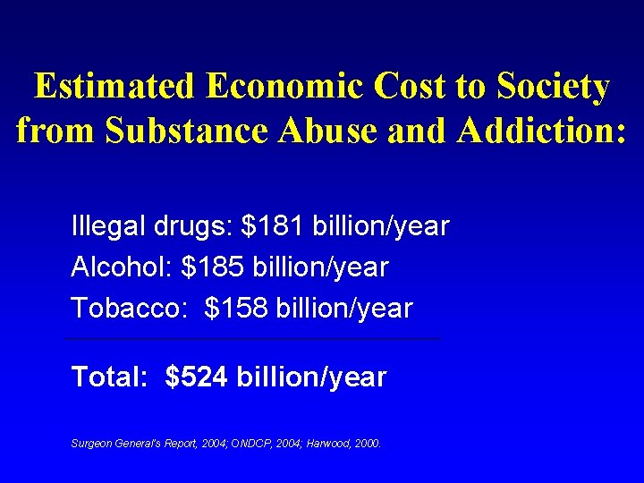 Estimated Economic Cost to Society from Substance Abuse and Addiction: Illegal drugs: $181 billion/year