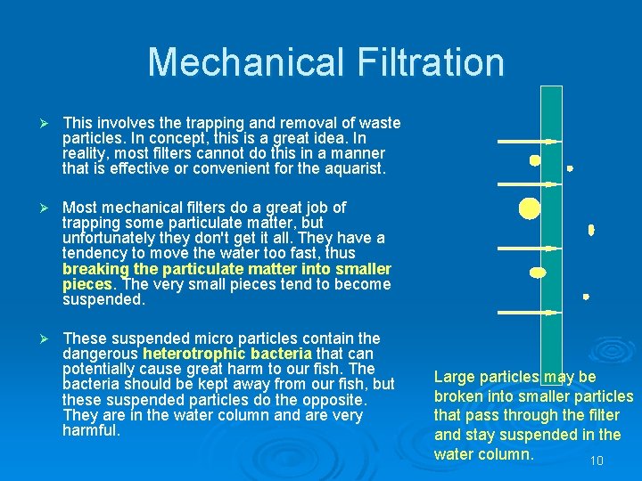 Mechanical Filtration Ø This involves the trapping and removal of waste particles. In concept,