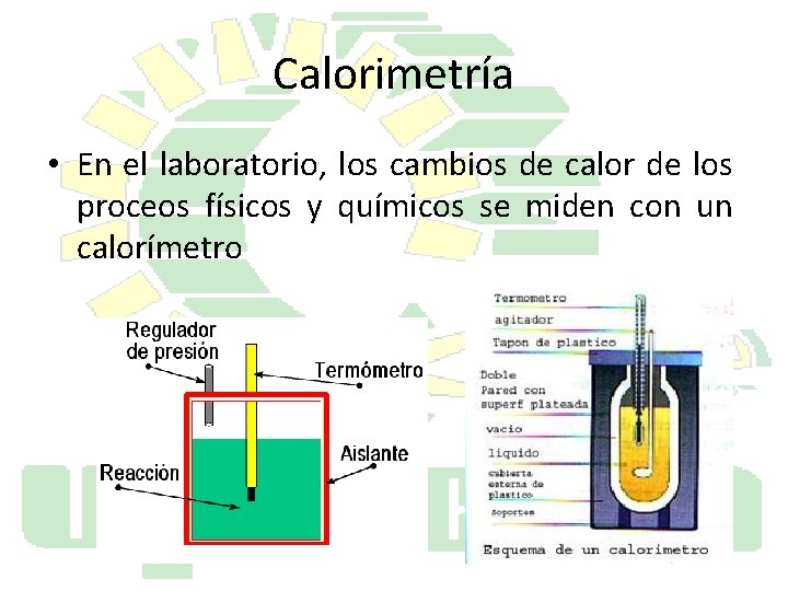 Calorimetría • En el laboratorio, los cambios de calor de los proceos físicos y