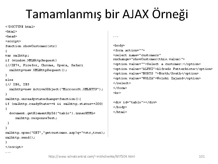 Tamamlanmış bir AJAX Örneği <!DOCTYPE html> <head> <script> function show. Customer(str) { var xmlhttp;