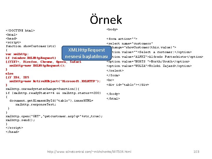 Örnek <!DOCTYPE html> <head> <script> function show. Customer(str) { var xmlhttp; if (window. XMLHttp.