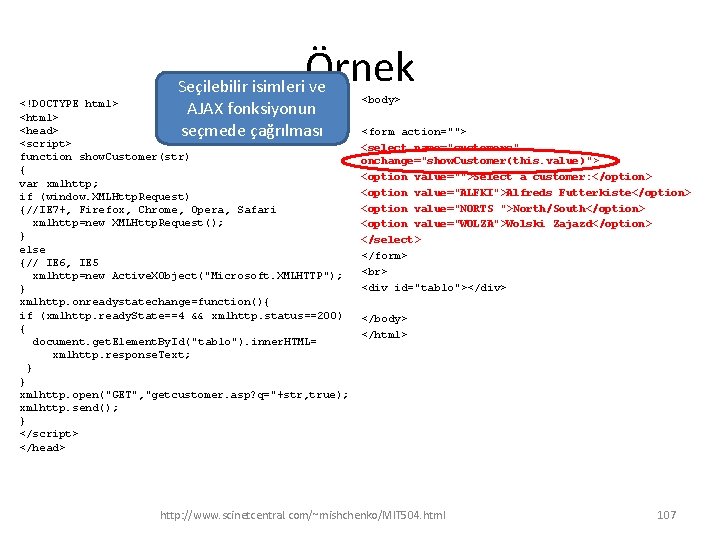 Örnek Seçilebilir isimleri ve AJAX fonksiyonun seçmede çağrılması <!DOCTYPE html> <head> <script> function show.