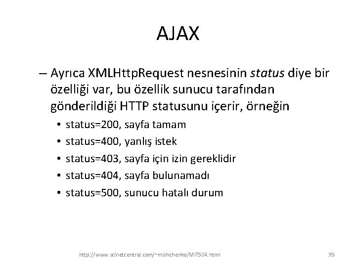 AJAX – Ayrıca XMLHttp. Request nesnesinin status diye bir özelliği var, bu özellik sunucu