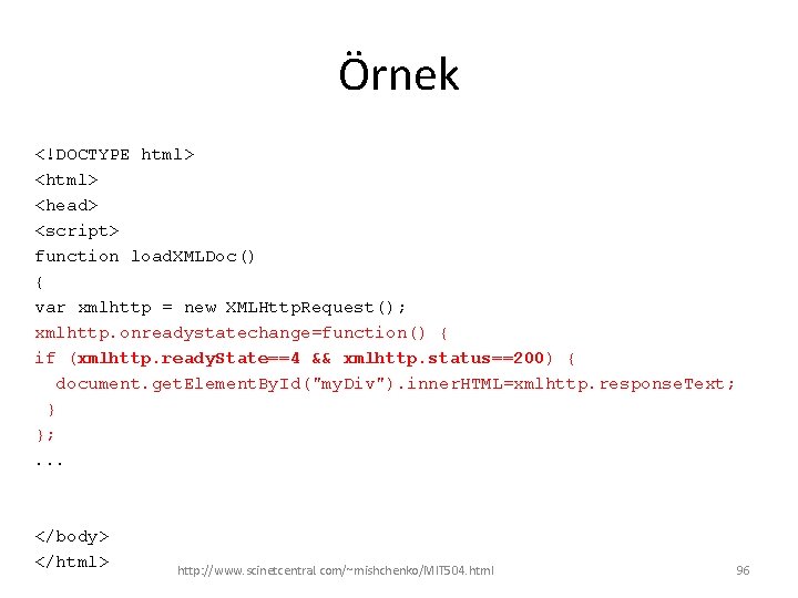 Örnek <!DOCTYPE html> <head> <script> function load. XMLDoc() { var xmlhttp = new XMLHttp.