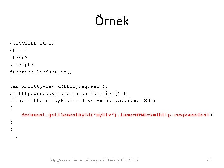 Örnek <!DOCTYPE html> <head> <script> function load. XMLDoc() { var xmlhttp=new XMLHttp. Request(); xmlhttp.