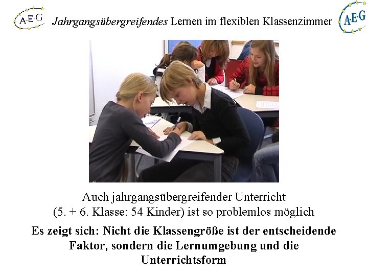 Jahrgangsübergreifendes Lernen im flexiblen Klassenzimmer Auch jahrgangsübergreifender Unterricht (5. + 6. Klasse: 54 Kinder)