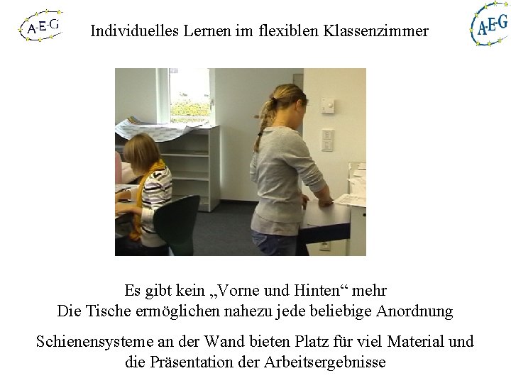 Individuelles Lernen im flexiblen Klassenzimmer Es gibt kein „Vorne und Hinten“ mehr Die Tische