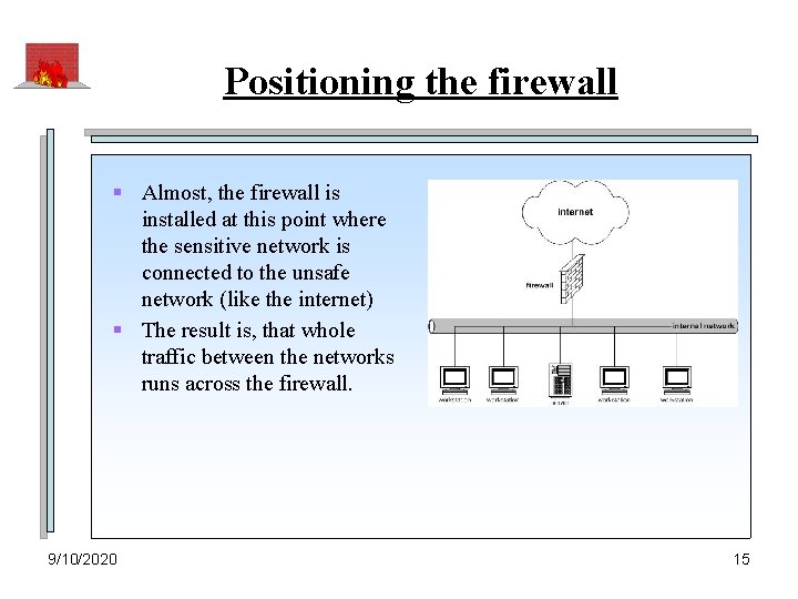 Positioning the firewall § Almost, the firewall is installed at this point where the