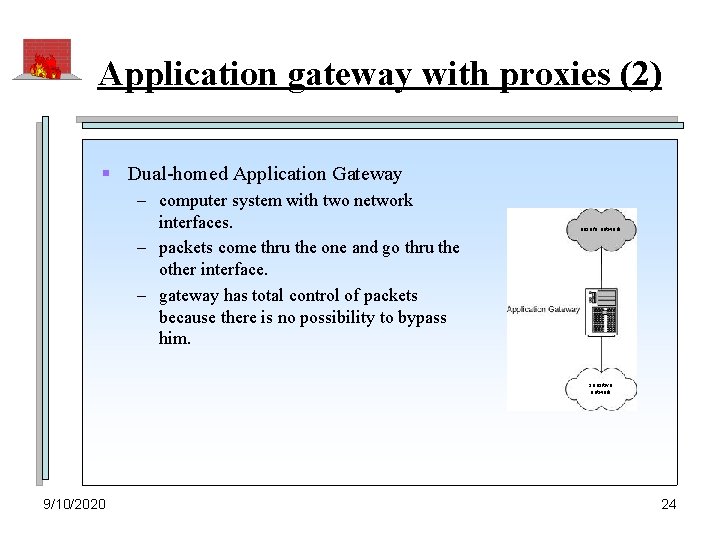 Application gateway with proxies (2) § Dual-homed Application Gateway – computer system with two