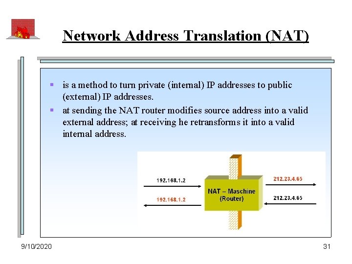 Network Address Translation (NAT) § is a method to turn private (internal) IP addresses