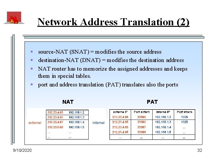 Network Address Translation (2) § source-NAT (SNAT) = modifies the source address § destination-NAT