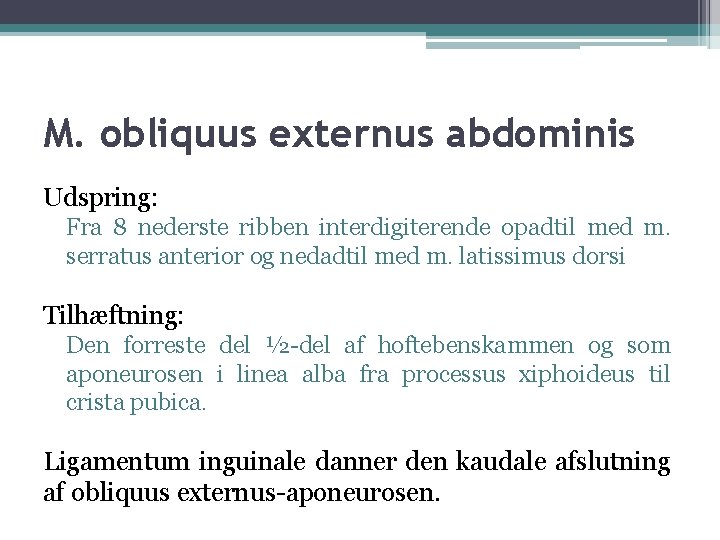 M. obliquus externus abdominis Udspring: Fra 8 nederste ribben interdigiterende opadtil med m. serratus