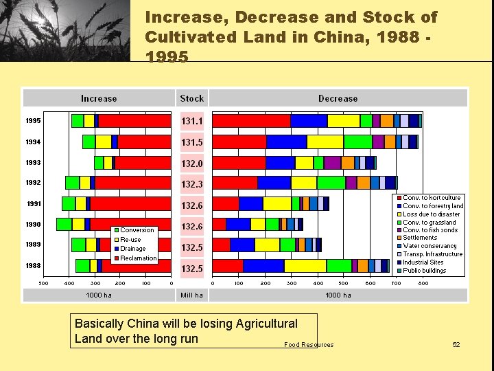 Increase, Decrease and Stock of Cultivated Land in China, 1988 1995 Basically China will