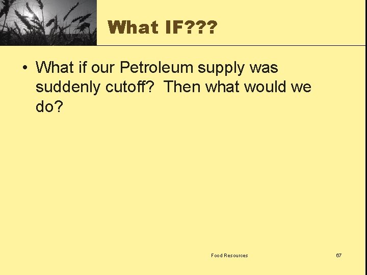 What IF? ? ? • What if our Petroleum supply was suddenly cutoff? Then