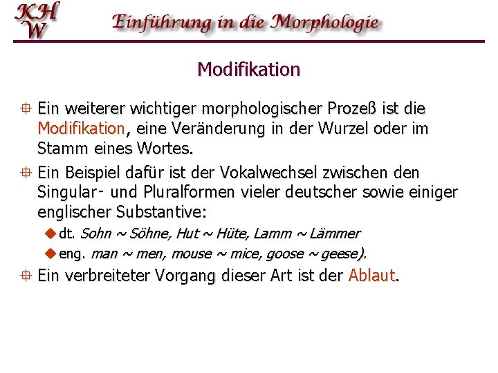 Modifikation ° Ein weiterer wichtiger morphologischer Prozeß ist die Modifikation, eine Veränderung in der