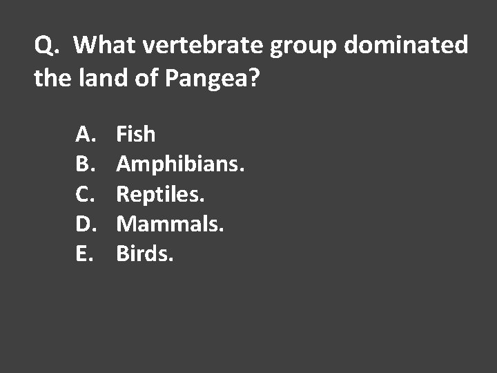 Q. What vertebrate group dominated the land of Pangea? A. B. C. D. E.