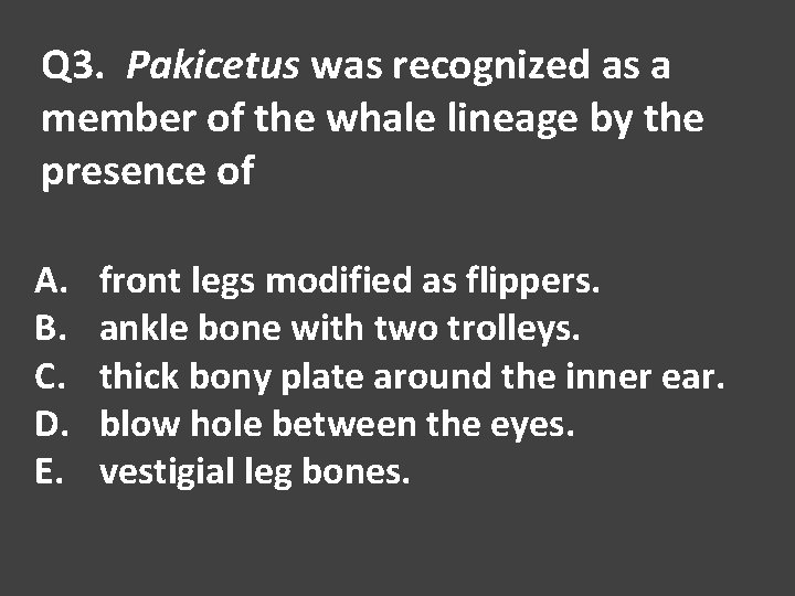 Q 3. Pakicetus was recognized as a member of the whale lineage by the