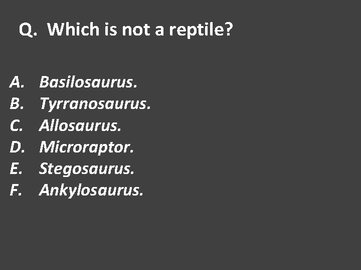 Q. Which is not a reptile? A. B. C. D. E. F. Basilosaurus. Tyrranosaurus.