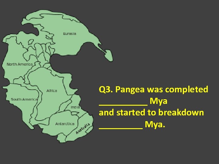 Q 3. Pangea was completed _____ Mya and started to breakdown _____ Mya. 