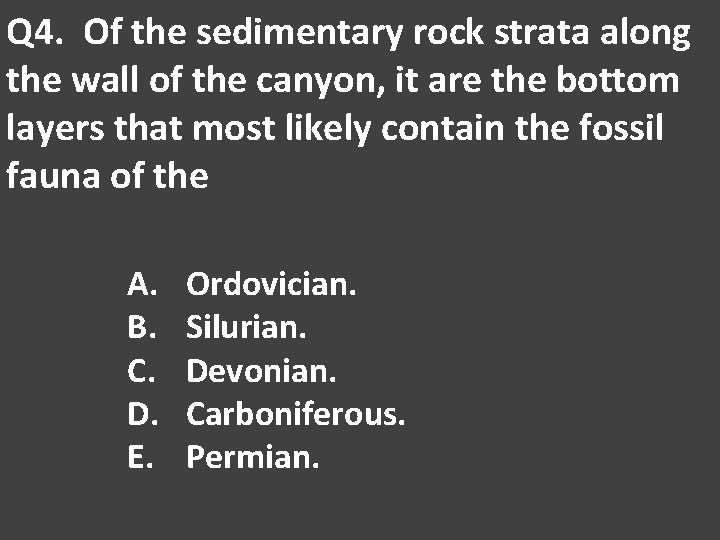 Q 4. Of the sedimentary rock strata along the wall of the canyon, it