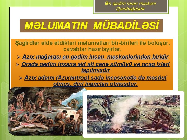 Ən qədim insan məskəni Qarabağdadır MƏLUMATIN MÜBADİLƏSİ Şagirdlər əldə etdikləri məlumatları bir-biriləri ilə bölüşür,