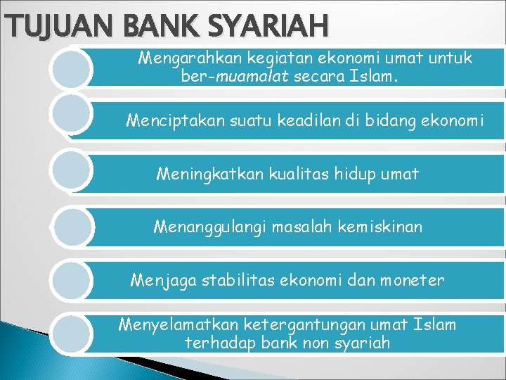 TUJUAN BANK SYARIAH Mengarahkan kegiatan ekonomi umat untuk ber-muamalat secara Islam. Menciptakan suatu keadilan