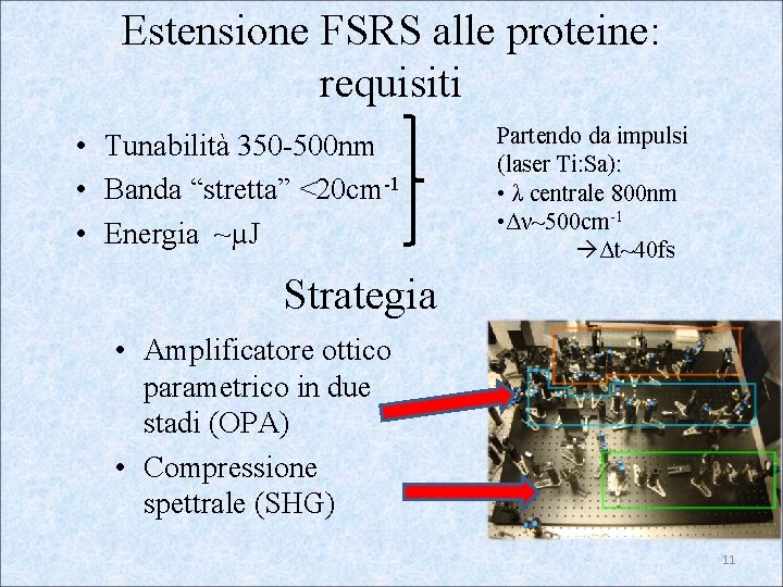 Estensione FSRS alle proteine: requisiti • Tunabilità 350 -500 nm • Banda “stretta” <20