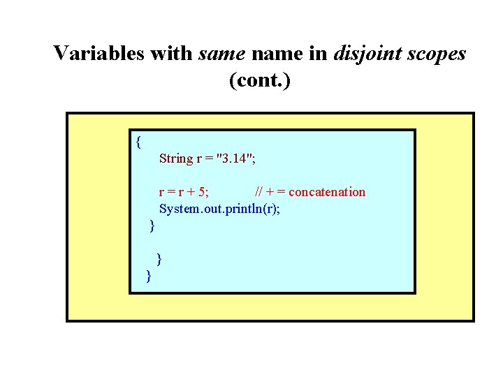 Variables with same name in disjoint scopes (cont. ) { String r = "3.