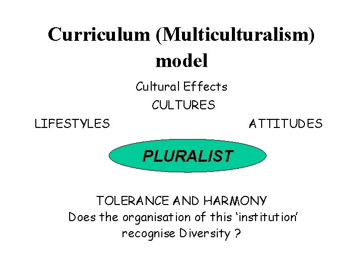 Curriculum (Multiculturalism) model Cultural Effects CULTURES LIFESTYLES ATTITUDES PLURALIST TOLERANCE AND HARMONY Does the