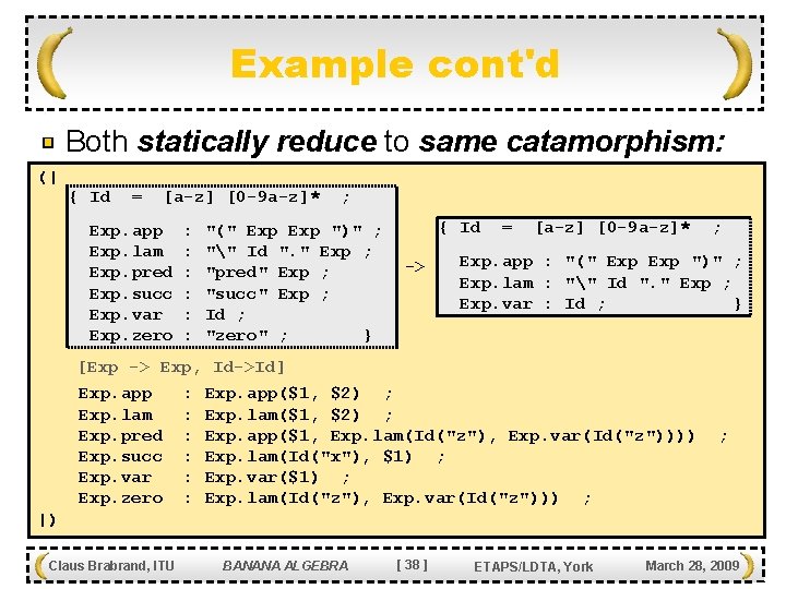 Example cont'd Both statically reduce to same catamorphism: (| { Id = [a-z] [0