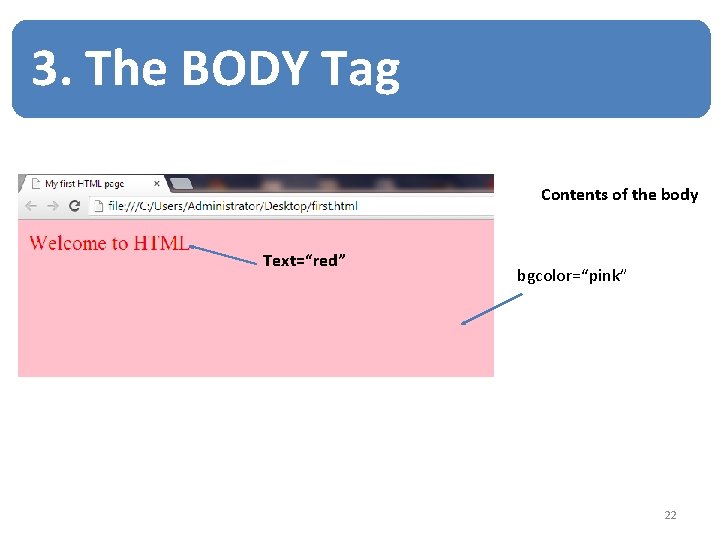 3. The BODY Tag Contents of the body Text=“red” bgcolor=“pink” 22 3. The BODY Tag Contents of the body Text=“red” bgcolor=“pink” 22