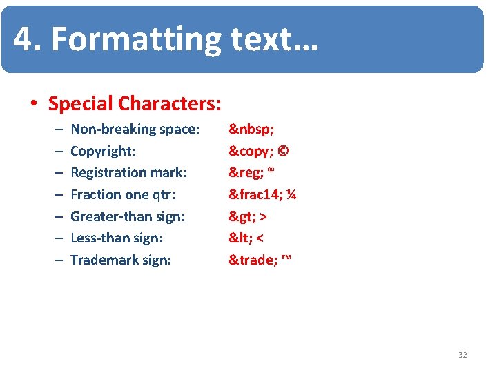 4. Formatting text… • Special Characters: – – – – Non-breaking space: Copyright: Registration