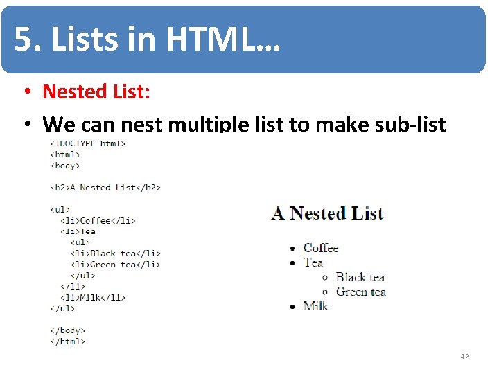 5. Lists in HTML… • Nested List: • We can nest multiple list to