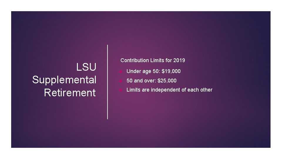 LSU Supplemental Retirement Contribution Limits for 2019 Under age 50: $19, 000 50 and