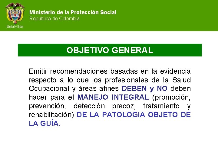 Ministerio de la Protección Social República de Colombia OBJETIVO GENERAL Emitir recomendaciones basadas en
