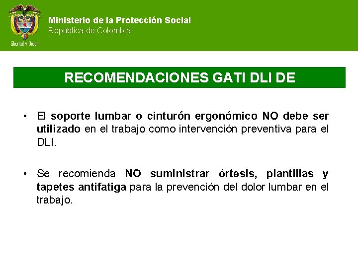 Ministerio de la Protección Social República de Colombia RECOMENDACIONES GATI DLI DE • El