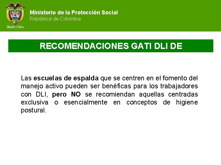 Ministerio de la Protección Social República de Colombia RECOMENDACIONES GATI DLI DE Las escuelas