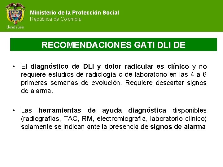 Ministerio de la Protección Social República de Colombia RECOMENDACIONES GATI DLI DE • El