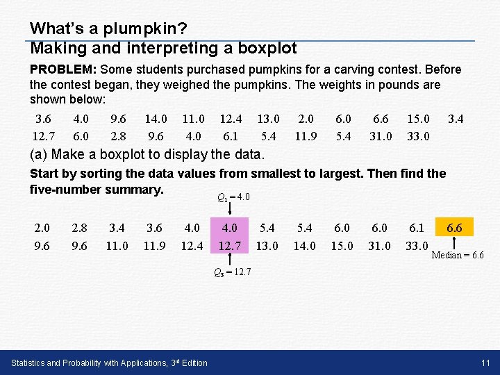 What’s a plumpkin? Making and interpreting a boxplot PROBLEM: Some students purchased pumpkins for