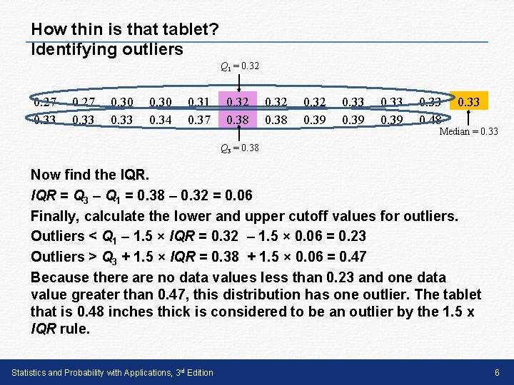 How thin is that tablet? Identifying outliers Q 1 = 0. 32 0. 27