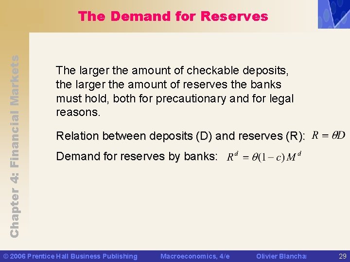 Chapter 4: Financial Markets The Demand for Reserves The larger the amount of checkable