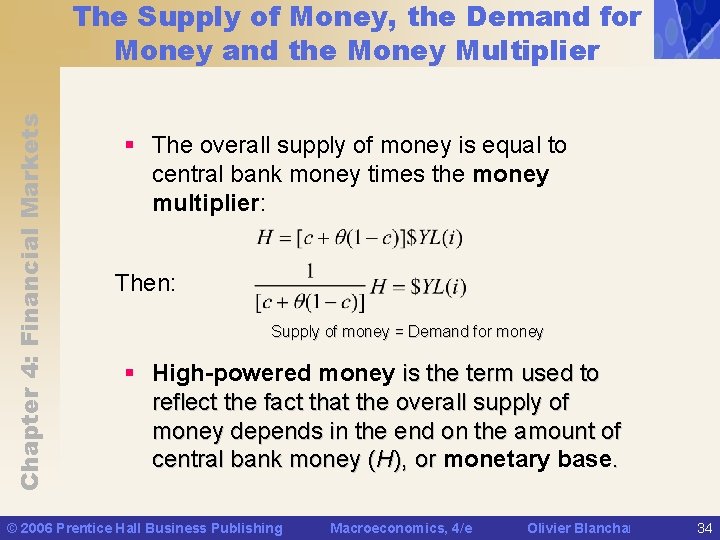 Chapter 4: Financial Markets The Supply of Money, the Demand for Money and the