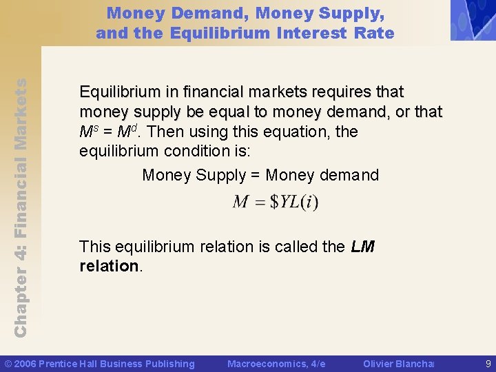 Chapter 4: Financial Markets Money Demand, Money Supply, and the Equilibrium Interest Rate Equilibrium