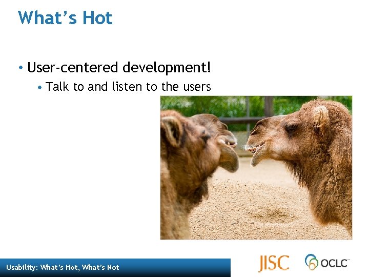 What’s Hot • User-centered development! • Talk to and listen to the users Usability: